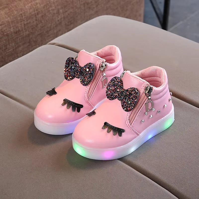 Children Glowing Sneakers Kid Princess Bow for Girls LED Shoes Cute Baby Sneakers with Light Shoes Size 21-30